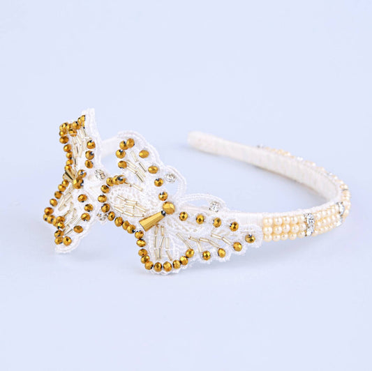 Choko Off White Butterfly Beadwork Hairband for Girls