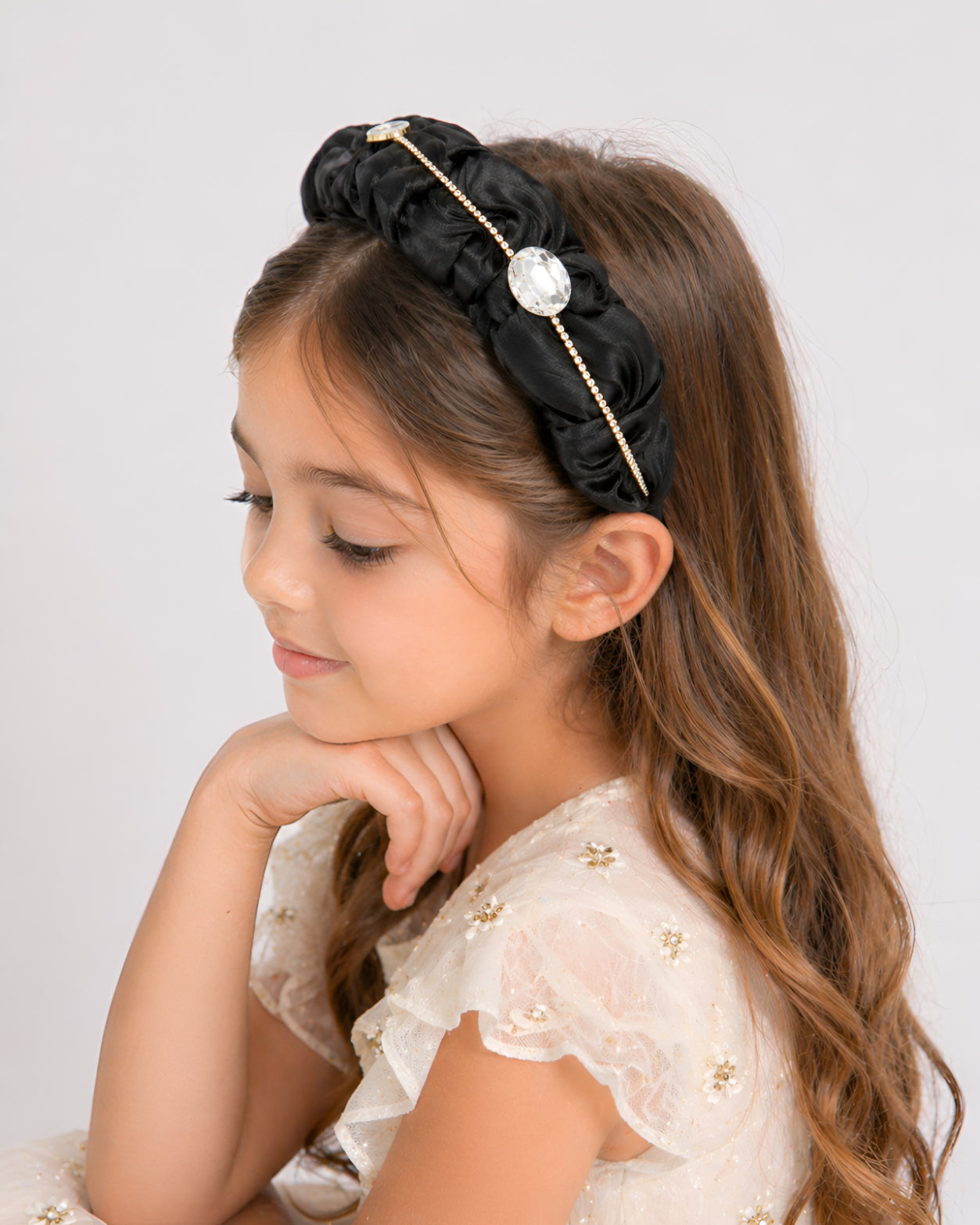 Choko Ruched Crystal Pattern Classic Collection Gold Chain Accent Hair Band for Girls