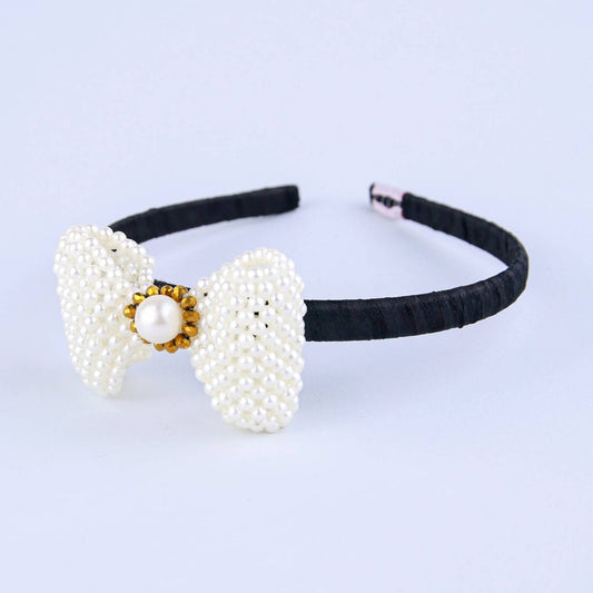 Choko Off White Bow Pearl Kids Hairband for Girls