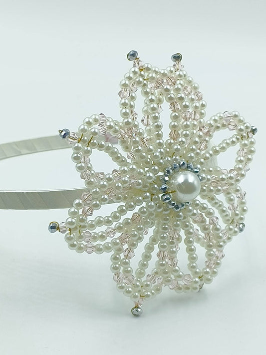 Choko Radiant Pearl Floral Hairband for Girls - Off White, Silver