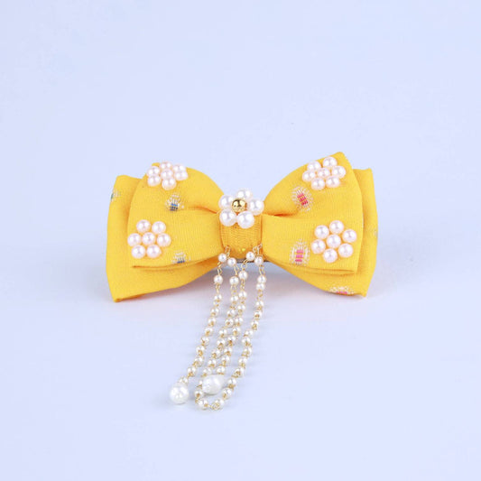 Choko Kids Pearl Hairclip with Bow Accent for Girls - Yellow, Gold, Off White