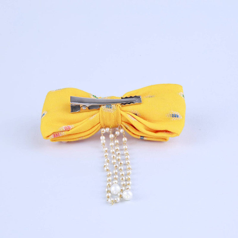 Choko Kids Pearl Hairclip with Bow Accent for Girls - Yellow, Gold, Off White