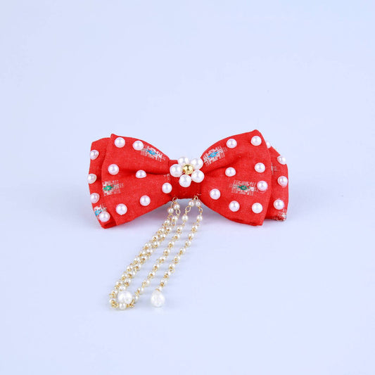 Choko Kids Pearl Hairclip with Bow Accent for Girls - Red, Gold, Off White