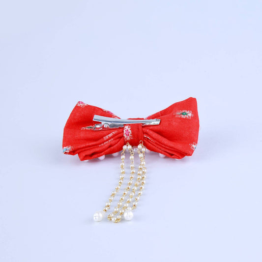 Choko Kids Pearl Hairclip with Bow Accent for Girls - Red, Gold, Off White