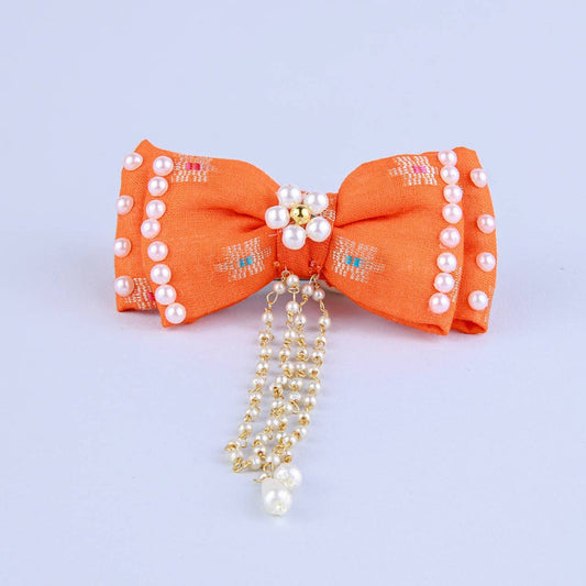 Choko Kids Pearl Hairclip with Bow Accent for Girls - Orange, Gold, Off White