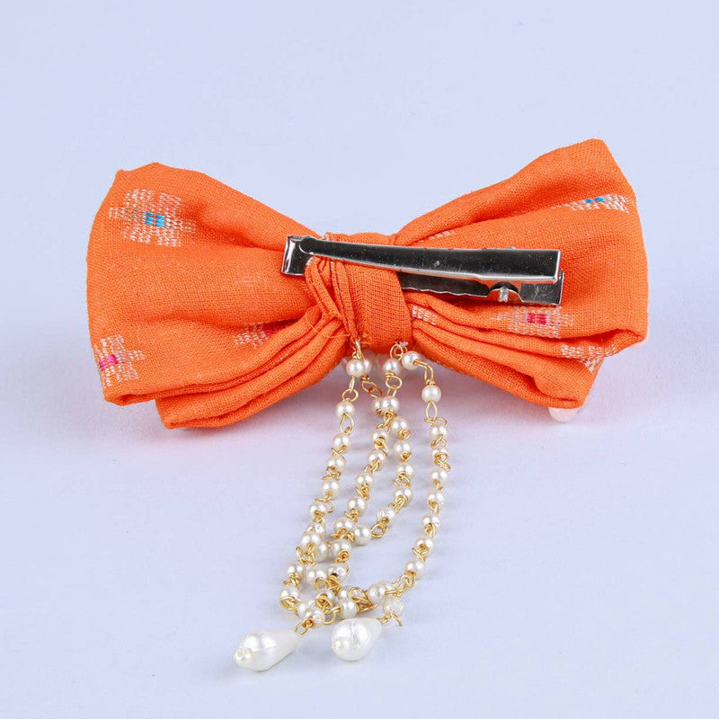 Choko Kids Pearl Hairclip with Bow Accent for Girls - Orange, Gold, Off White