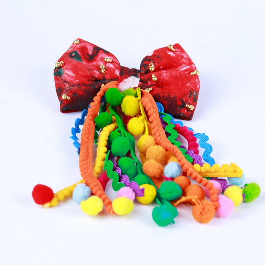 Red Pom-Pom Bow Hair Tie for Girls - Choko Kids' Accessory