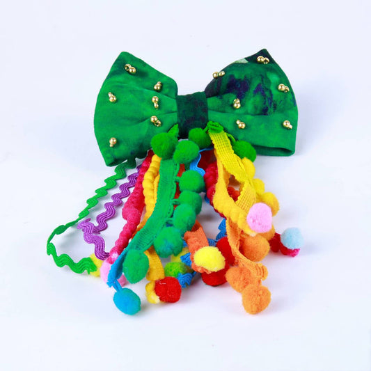Green Pom-Pom Bow Hair Tie for Girls - Choko Kids' Accessory