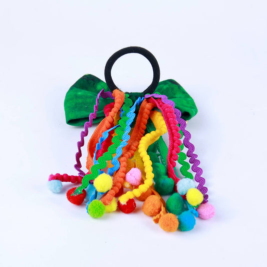Green Pom-Pom Bow Hair Tie for Girls - Choko Kids' Accessory