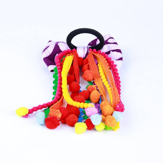 Purple Pom-Pom Bow Hair Tie for Girls - Choko Kids' Accessory