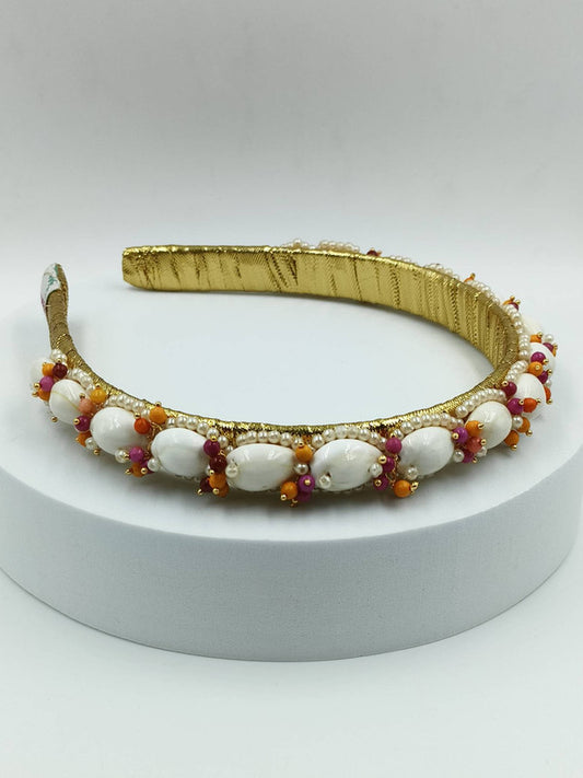 Choko - Kids Gota Hand Embellished Hairband - Shell and Pearl - Gold, White & Orange
