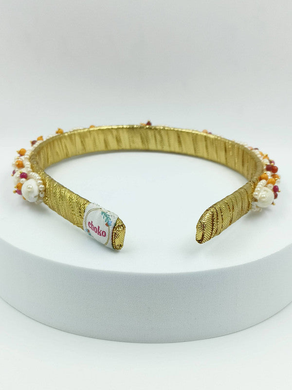 Choko - Kids Gota Hand Embellished Hairband - Shell and Pearl - Gold, White & Orange