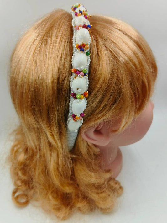 Choko - Kids Gota Hand Embellished Hairband - Shell and Pearl - Silver, White & Orange