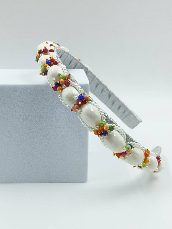 Choko - Kids Gota Hand Embellished Hairband - Shell and Pearl - Silver, White & Orange