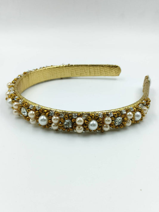 Choko - Kids Gota Hand Embellished Hairband - Pearl and Crystal Stones - Gold & Off White
