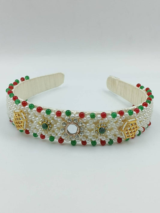Choko - Kids Satin Hand Beaded Hairband - Kundan and Pearl - Off White, Red & Gold