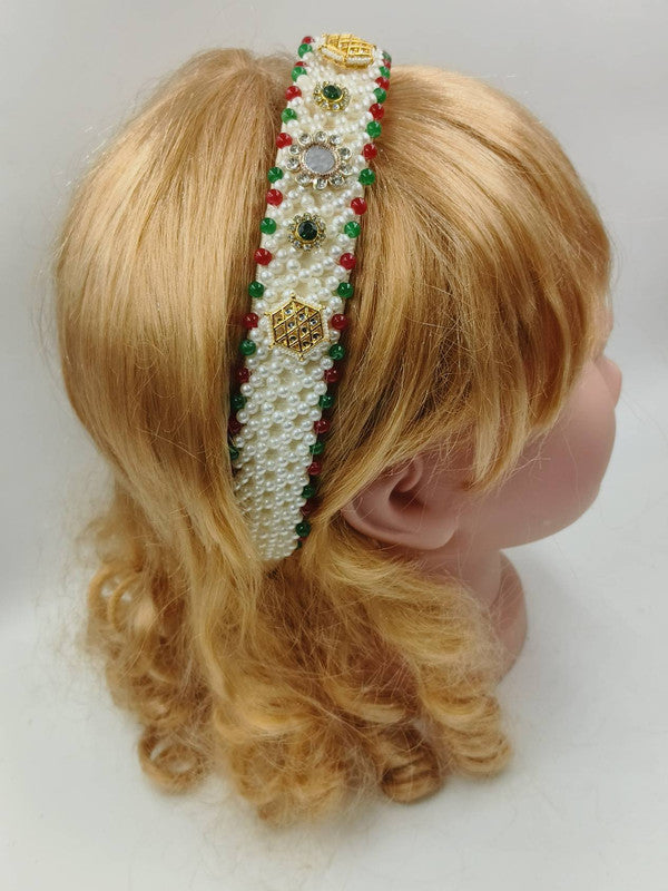 Choko - Kids Satin Hand Beaded Hairband - Kundan and Pearl - Off White, Red & Gold