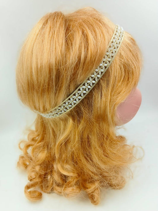 Choko - Babies Tulle Stretchable Headbands - Embroidered and Pearl - Pink, Gold & Cream