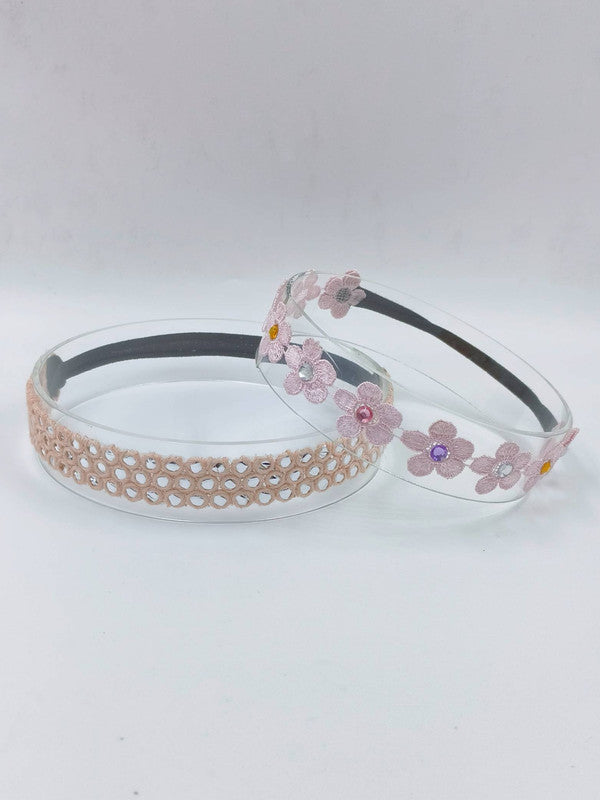 Choko - Babies Cotton Stretchable Headbands - Gota and Lace - Pink, Cream & Clear