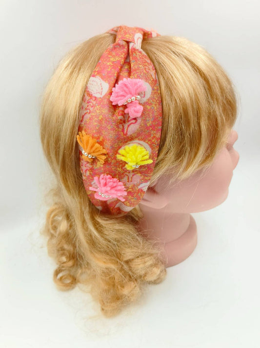 Choko - Kids Silk Turban Hairband - Pom Pom and Pearl - Orange, White & Pink
