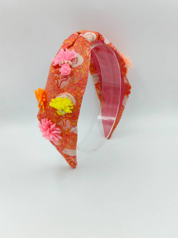 Choko - Kids Silk Turban Hairband - Pom Pom and Pearl - Orange, White & Pink