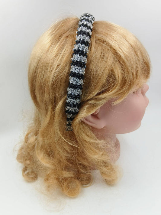 Choko - Kids Satin Hairband - Glass Crystal Beads - Black & Clear
