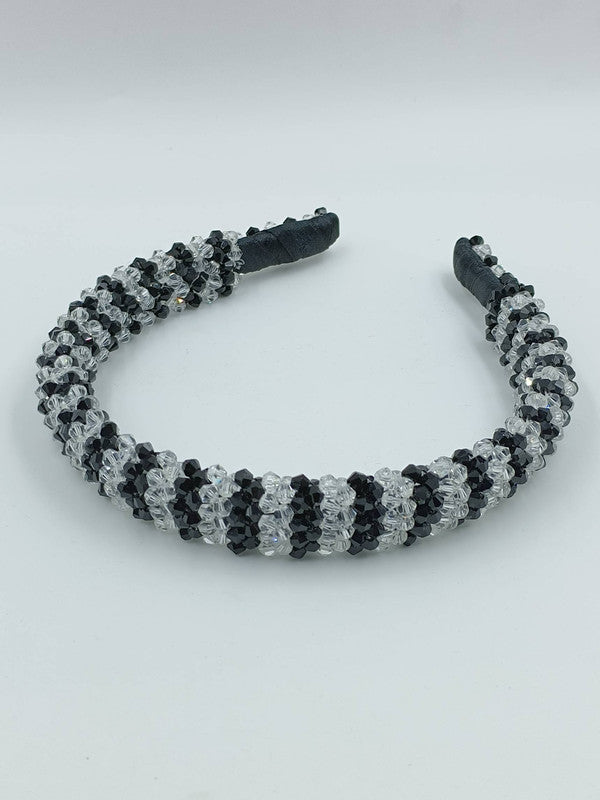 Choko - Kids Satin Hairband - Glass Crystal Beads - Black & Clear