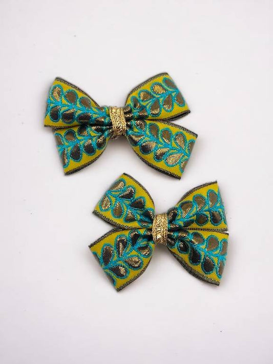 Choko - Kids Fabric Hairclips - Brocade and Zari Lace - Green, Gold & Black