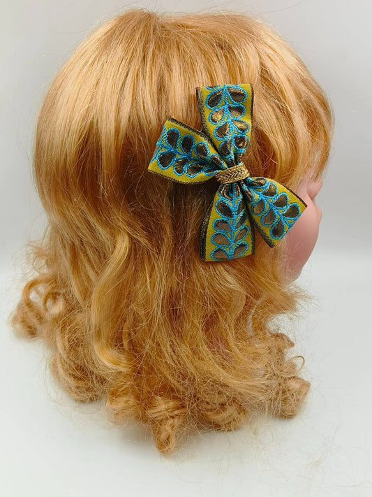 Choko - Kids Fabric Hairclips - Brocade and Zari Lace - Green, Gold & Black