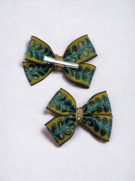 Choko - Kids Fabric Hairclips - Brocade and Zari Lace - Green, Gold & Black