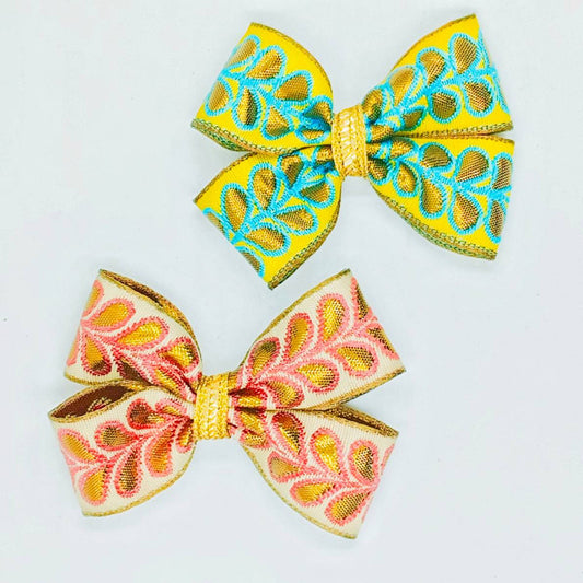 Choko - Kids Fabric Hairclips - Brocade and Zari Lace - Green, Gold & Red