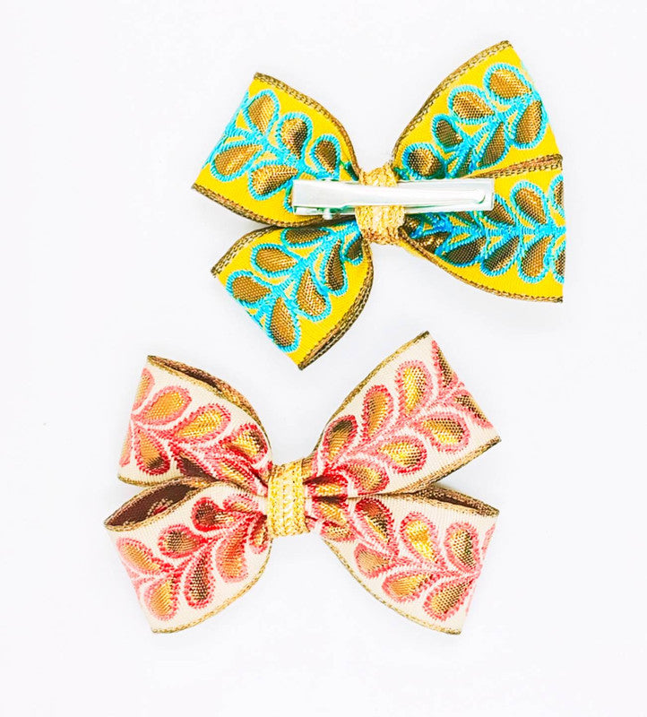Choko - Kids Fabric Hairclips - Brocade and Zari Lace - Green, Gold & Red