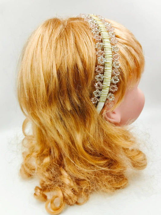 Choko - Kids Satin Hairband for Girls - Glass Crystal Beads - Gold, Clear & Pink