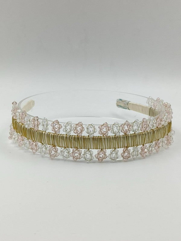 Choko - Kids Satin Hairband for Girls - Glass Crystal Beads - Gold, Clear & Pink