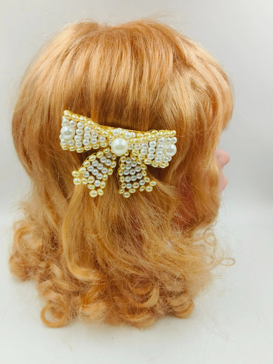 Choko - Kids Acrylic Hairclip - Pearl Embellished Bow - Gold & Off White