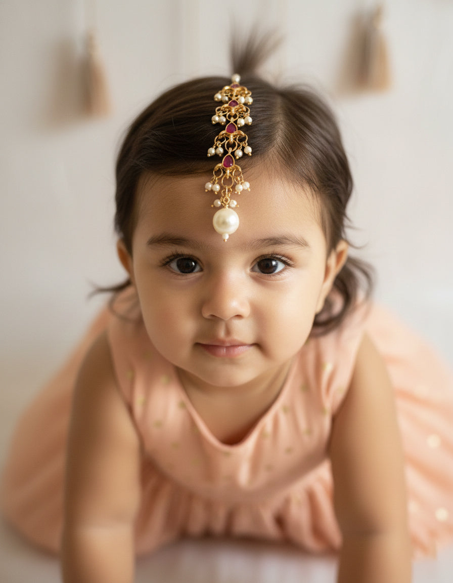 Choko Girls Traditional Floral Maang Tikka with Ruby Red Stones & Pearl Drops for Wedding