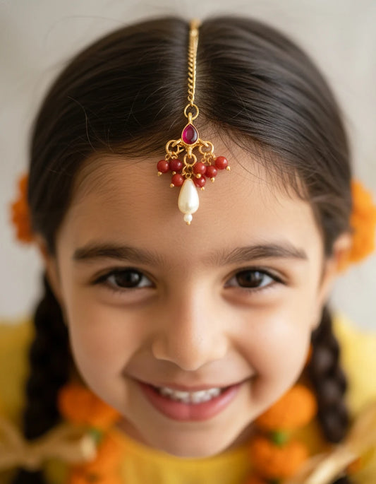 Choko Multicolour Pearl Maang Tikka for Girls - Gold | Festive Birthday