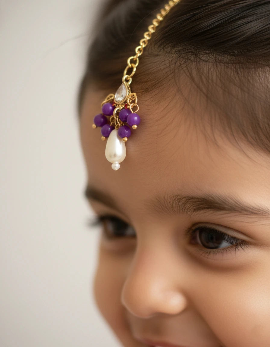 Choko Multicolour Pearl Maang Tikka for Girls - Gold | Festive Birthday