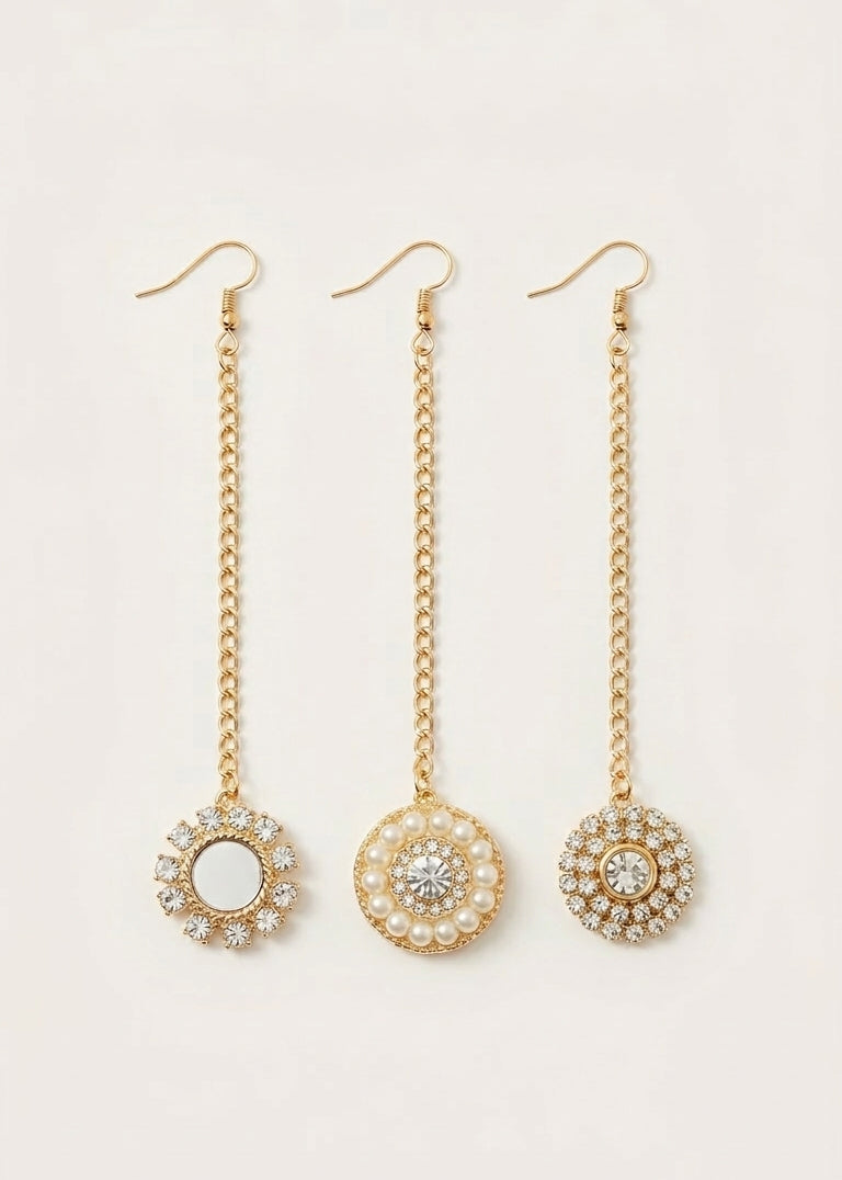 Choko Traditional Circular Set of 3 with Pearls Festive Wear Maang Tikka for Girls - Golden & White