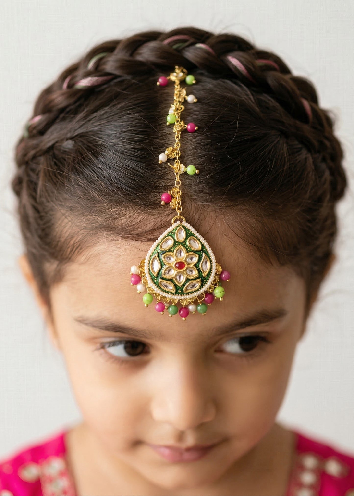 Choko Girls Traditional Kundan Teardrop Maang Tikka with Pink & Green Beads for Wedding