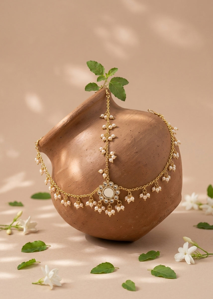 Choko Girls Traditional Woven Pearl Matha Patti with Red Bead Accent for Wedding Wear