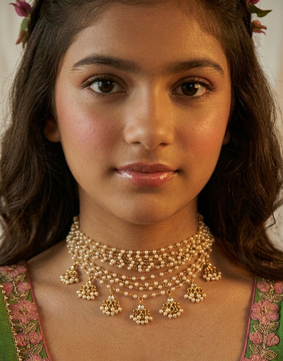 Choko Girls Pearl Beaded Multi Strand Gold Plated Traditional Choker Jewellery Accessory