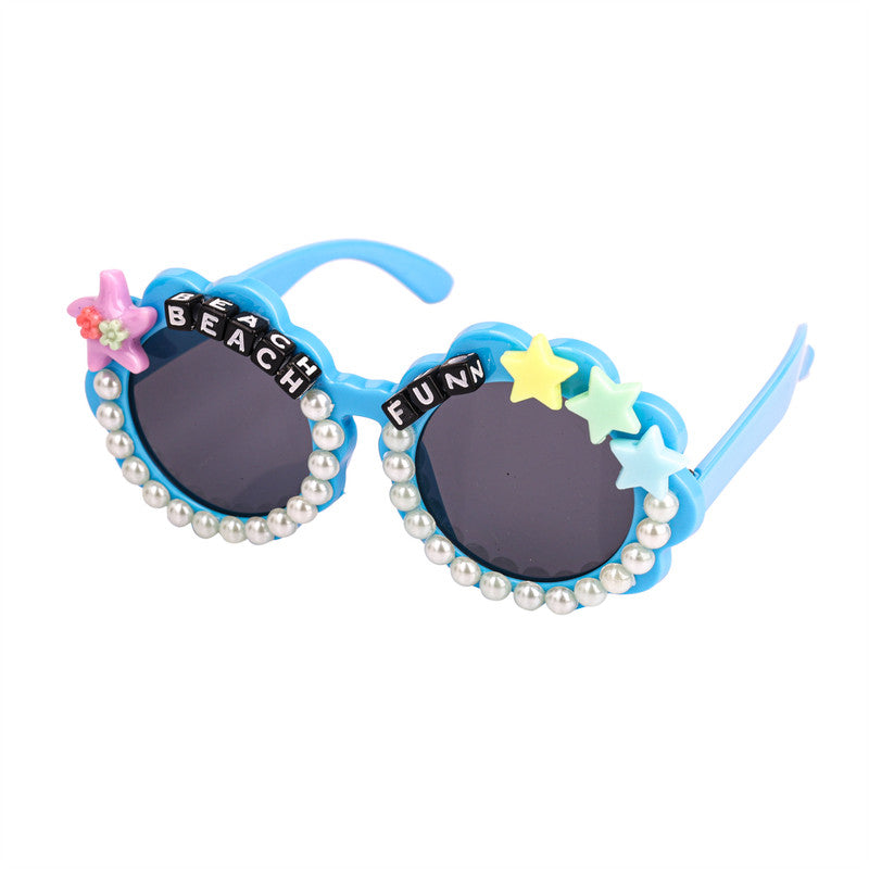 Choko Round Sunglasses with Pearls for Girls - 1 Pc Stylish Kids Accessory with Star & Pearl Charms - Blue, Multicolor, Pink