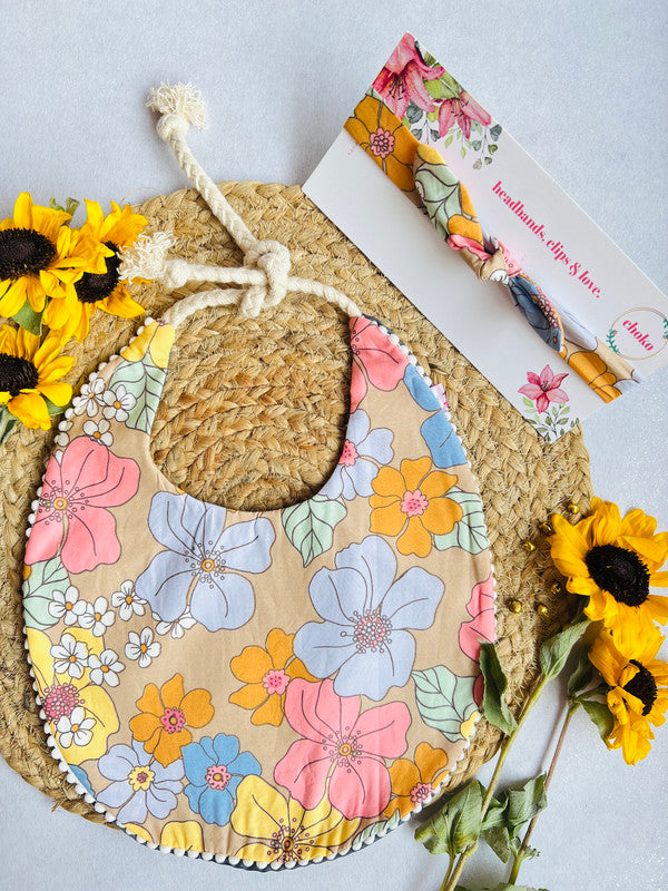 Choko Summer Floral Safari Baby Bib and Headband Set - Mud Brown, Pastel Blue, Pink