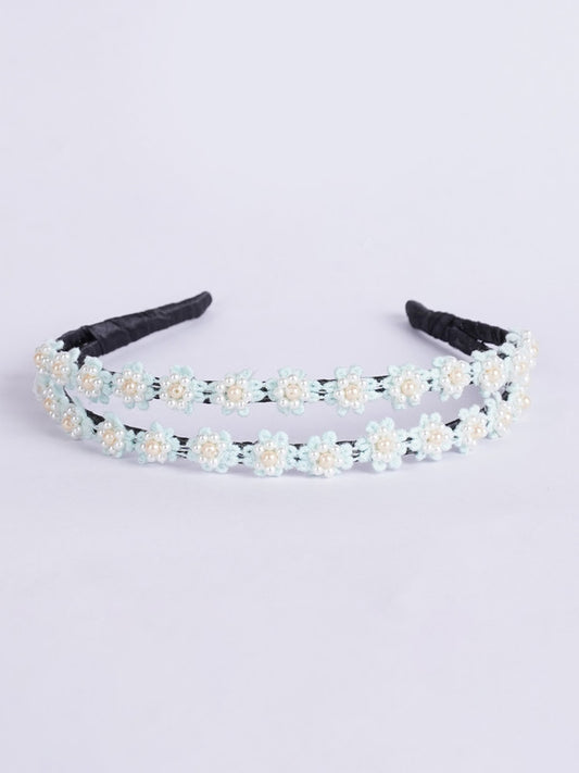 Dual Beaded Hairband with Delicate Lacy Flora - Blue, White, Black