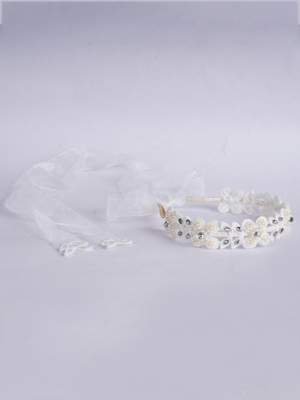 Floral Beads Accented White Lace Hairband - Tie Down