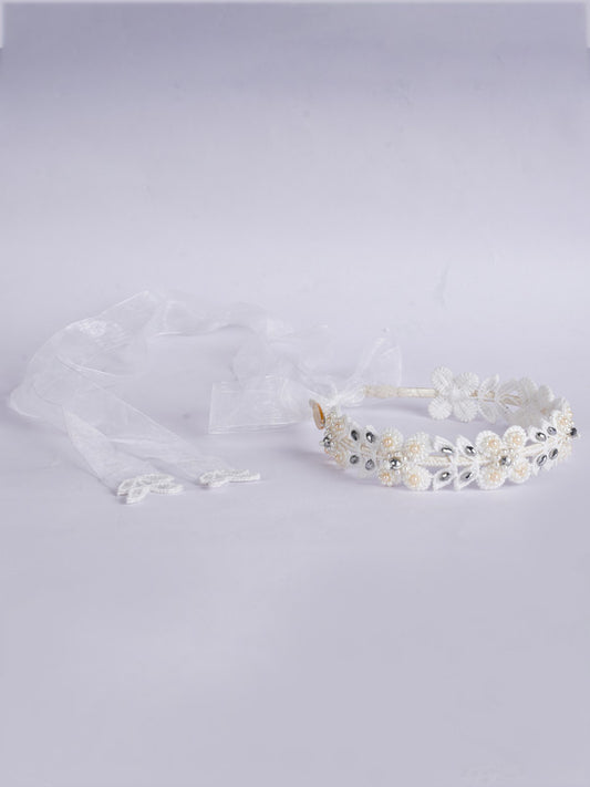 Floral Beads Accented White Lace Hairband - Tie Down