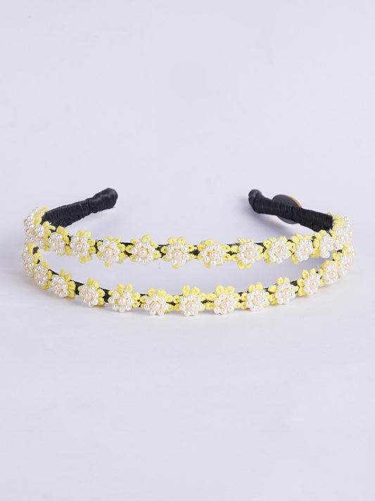 Dual Braided Embellished Lycra Hairband - Yellow, Green, White