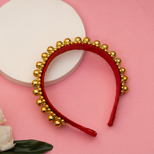 Queen's Glory Statement Pearl Hairband for Girls - Gold & Red Choko
