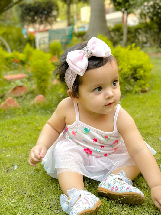 Baby Headband with Adjustable Lace Bow for Babies - Pink Pearls & Crystals Choko